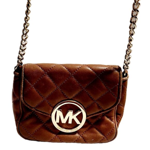 Michael Kors MK Small Chain Fulton Quilted Brown Leather Crossbody Bag Purse - Picture 8 of 12